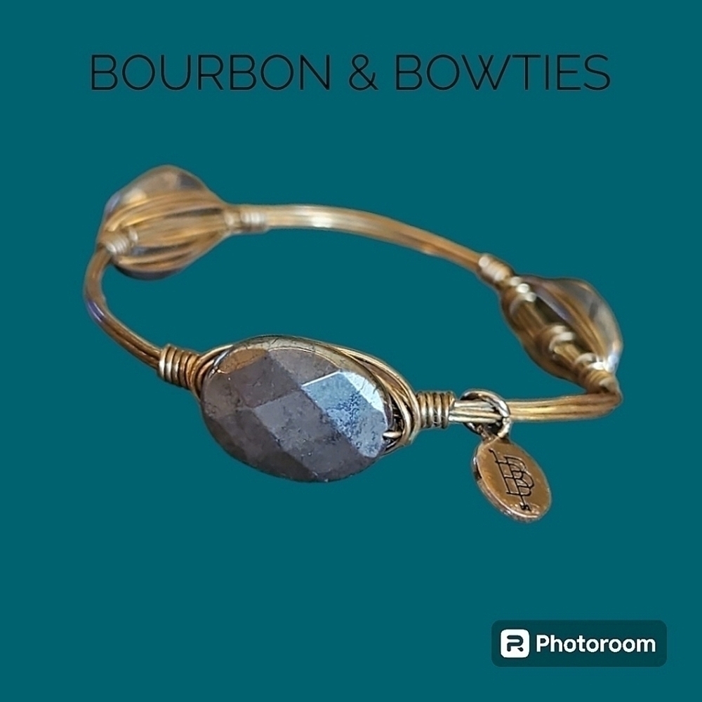 BOURBON & BOWTIES Faceted Oval Metal Bead Wire Wrap Bangle Bracelet